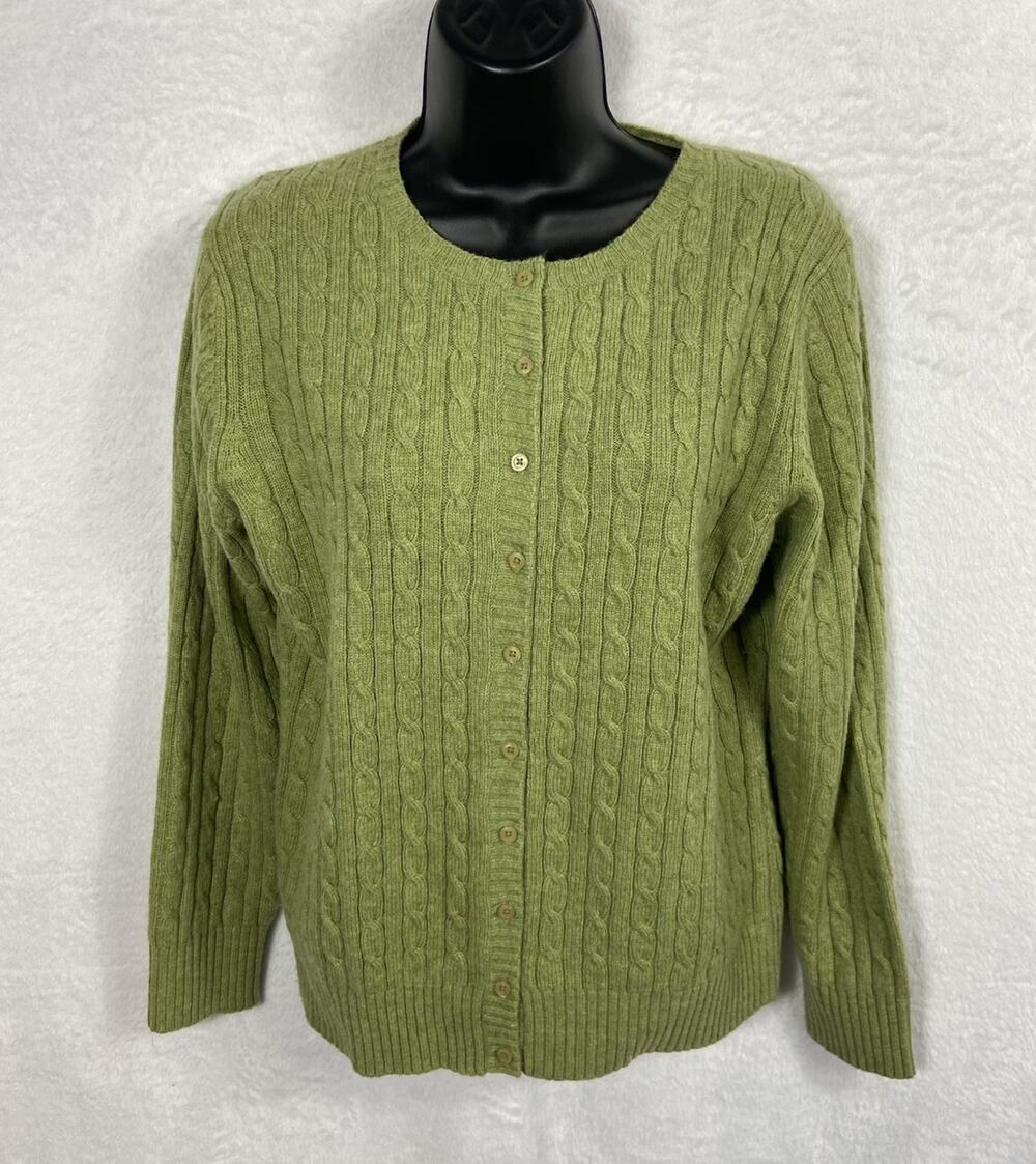 L.L. Bean Lambswool Cableknit Cardigan Sweater Women’s M Buttoned Green Heritage